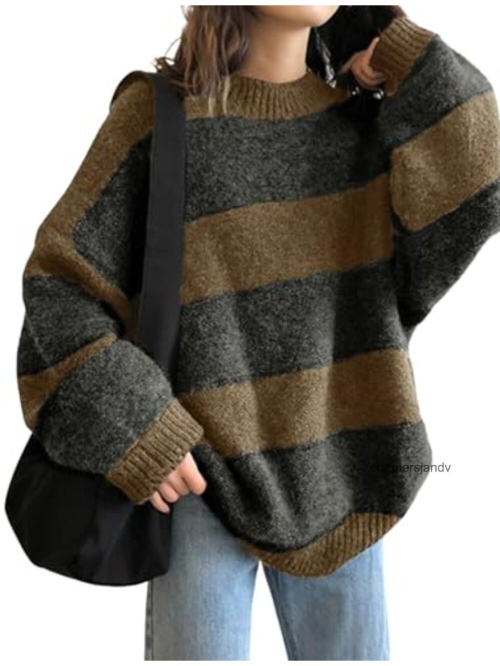 Oversized Striped Knit Sweater Long Sleeve Crewneck Pullover Tops